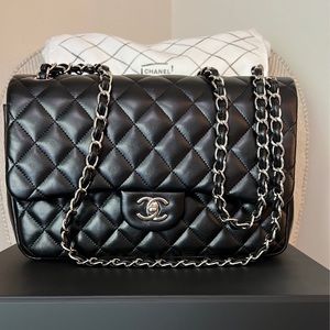 Chanel Large Lambskin Double Flap Classic Handbag with Silver Hardware